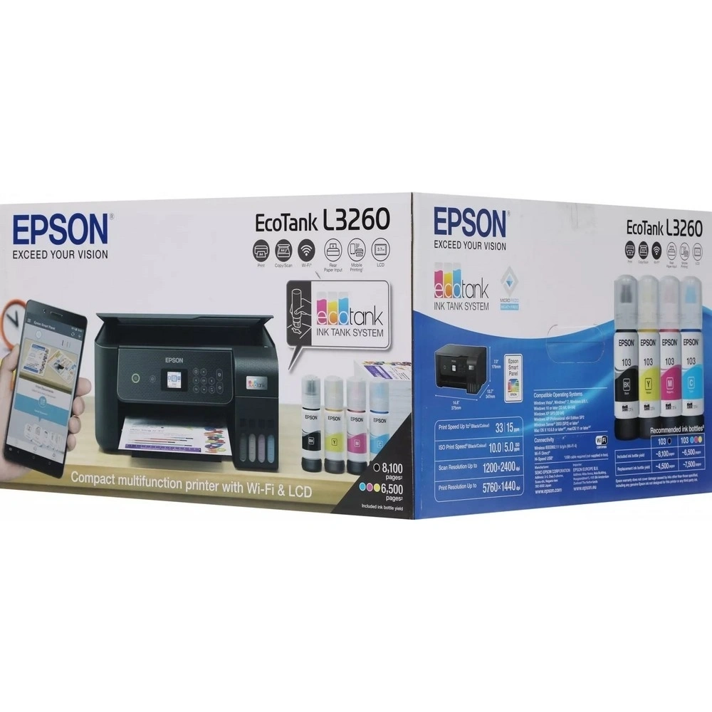 МФУ струйный Epson L3260 (C11CJ66409/507/511/414/K58507) A4 WiFi черный