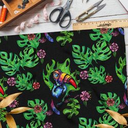 Ткань шифон тукан с листьями монстеры