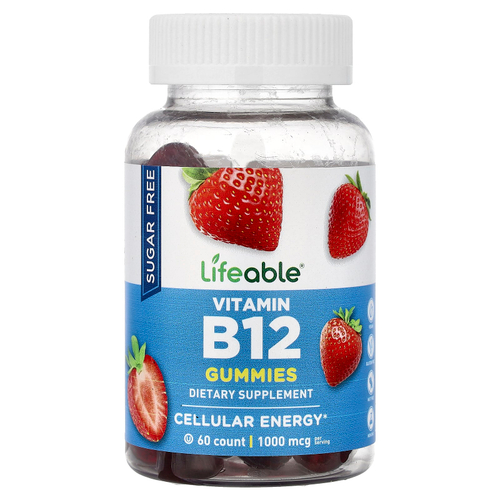 Lifeable, жевательный витамин B12, без сахара, с клубничным вкусом, 60 жевательных таблеток (500 мкг в 1 таблетке)