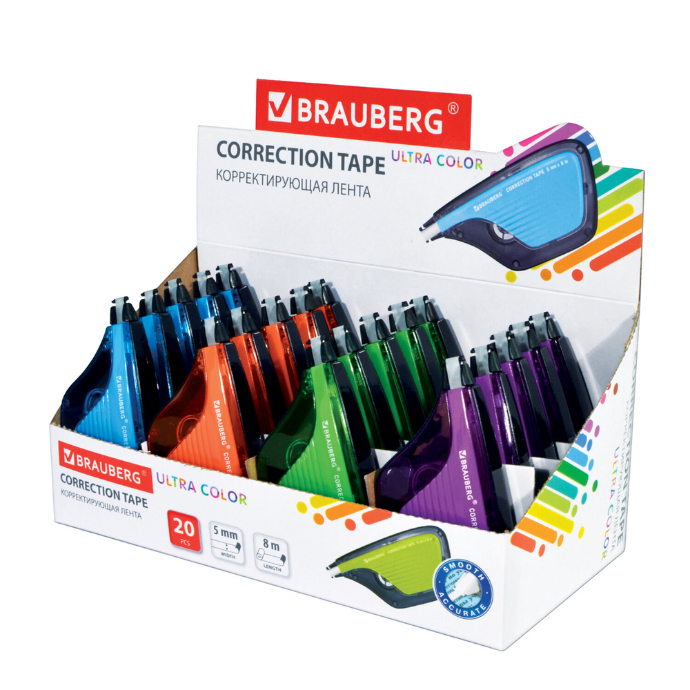 Корректирующая лента BRAUBERG ULTRA COLOR, 5 мм х 8 м, корпус ассорти, дисплей, 229065