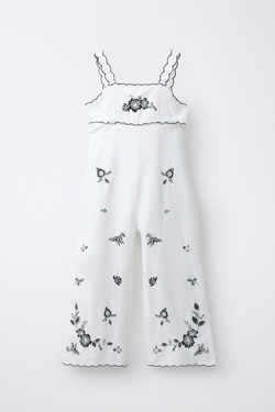 ZARA ДЛИННЫЙ КОМБИНЕЗОН С ВЫШИВКОЙ, ЭКРЮ/ЧЕРНЫЙ