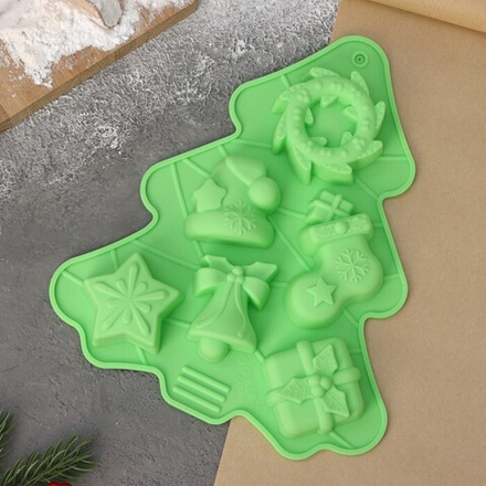 Форма силиконовая "Елка" 6 ячеек, 25*21 см. (зеленый)