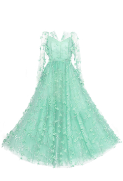 Вечернее платье в пол мятное из сетки с вышивкой 64-16SS