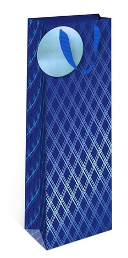 Пакет подарочный для вина, Стильные ромбы, Синий, Металлик, 36*12*9 см, 1 шт.