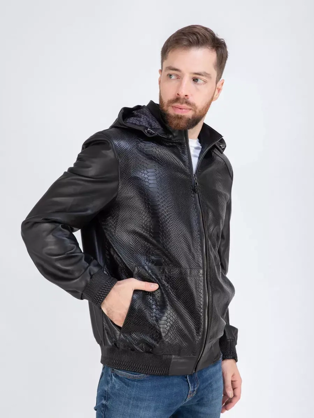 Куртка кожаная демисезонная с капюшоном Турция