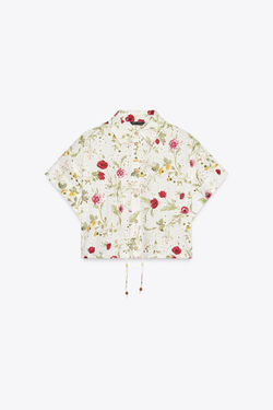 ZARA РУБАШКА ИЗ ТКАНИ С ПРИНТОМ С АЖУРНОЙ ВЫШИВКОЙ, ЭКРЮ/КРАСНЫЙ