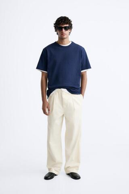 ZARA БРЮКИ ИЗ ХЛОПКА И ЛЬНА, ЖЕЛТОВАТО-БЕЛЫЙ