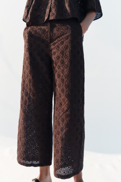 ZARA БРЮКИ-КЮЛОТЫ С АЖУРНОЙ ВЫШИВКОЙ, КОРИЧНЕВЫЙ