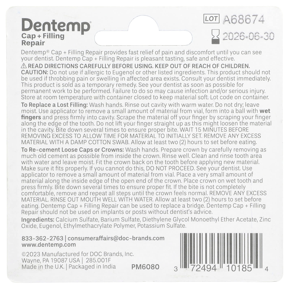Dentemp, Cap + Filling Repair, максимальная эффективность, 2,64 г (0,09 унции)