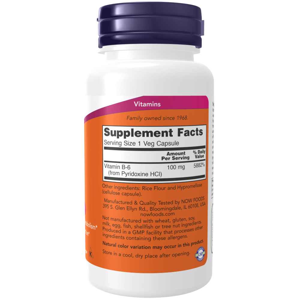 Now Foods B-6 100 mg 100 veg capsules, Витамин B6 Пиридоксин