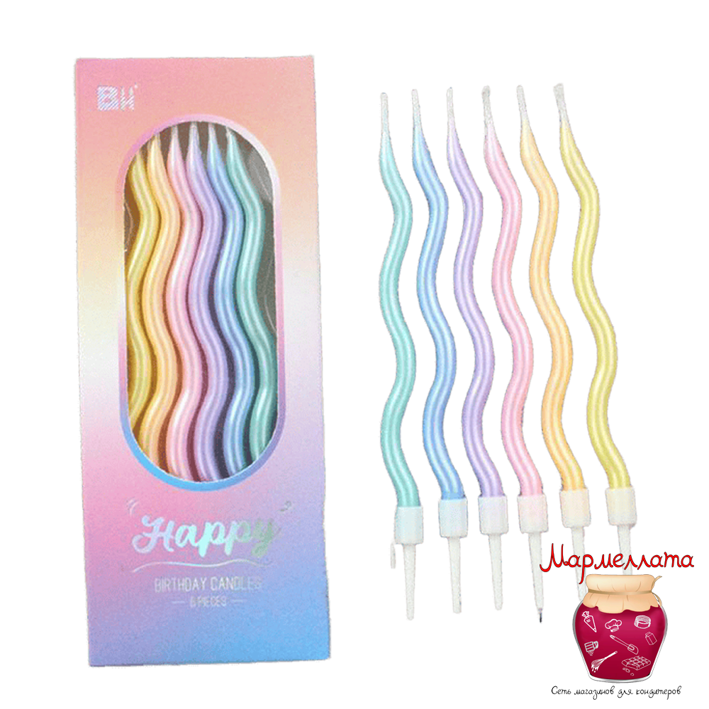 Свечи для торта "Happy" волна, 14 см, 6 шт