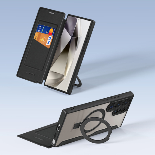 Прозрачный чехол книжка черного цвета с поддержкой MagSafe от Dux Ducis для Samsung Galaxy S24 Ultra, серия Skin X Pro Series Case (версия с магнитной откидной подставкой)