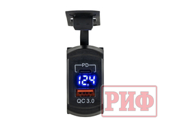 Розетка USB Type PD, QC 3.0 с вольтметром, синяя подсветка