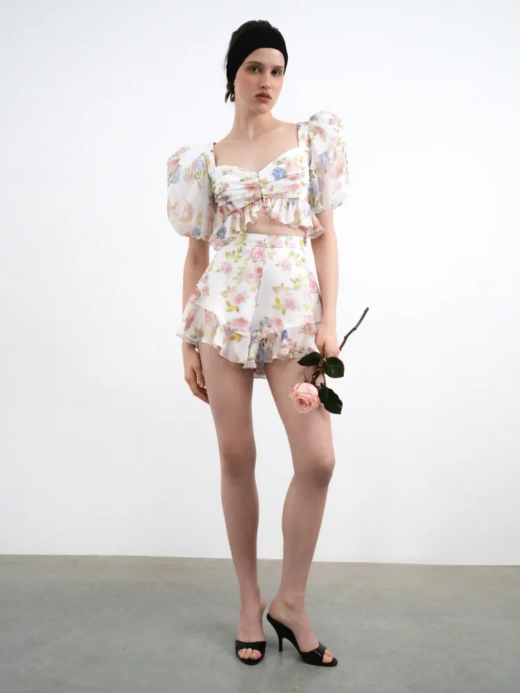 Мелисса (Melissa), кроп топ из молочного шифона с цветочным принтом
