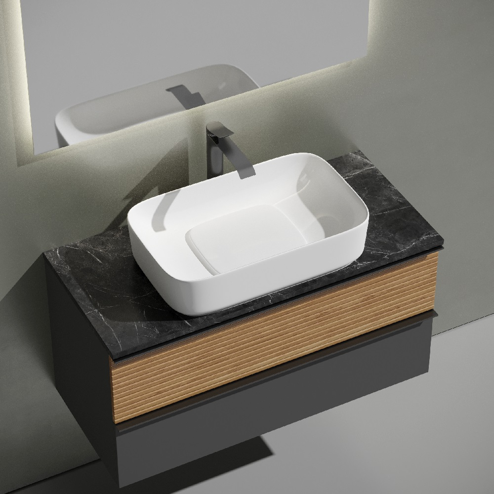 Тумба подвесная Sancos Delta, Дуб красный/графит 995х445х500, под столешницу с отверстием под смеситель, цвет Black Sky