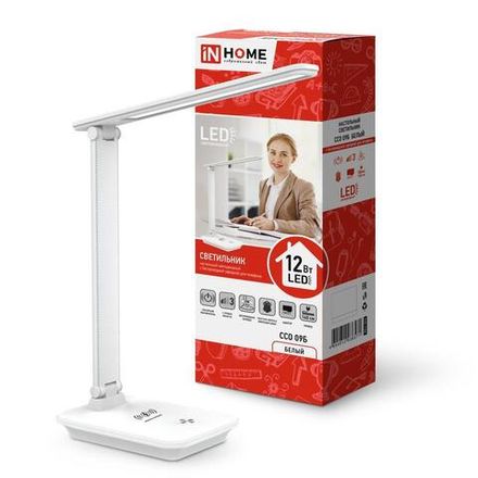 Светильник светодиодный настольный ССО 09Б 12Вт 3000-6500К 600лм сенсор-диммер с беспров. зарядкой для телефона с адаптером бел. IN HOME 4690612036571