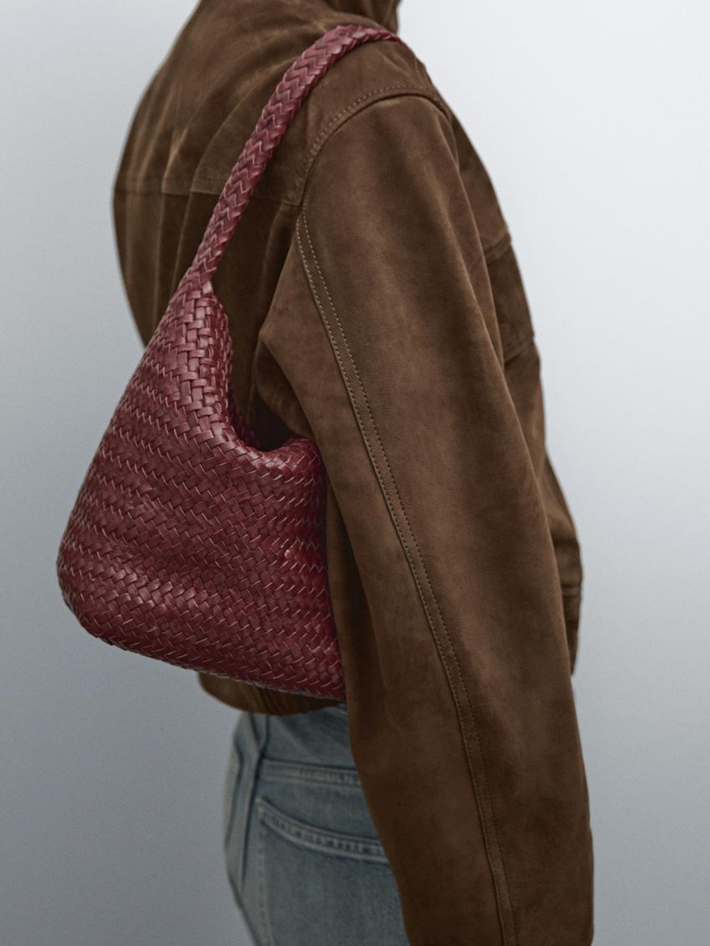 Massimo Dutti Сумка-мешок из кожи наппа с плетеным узором, бордо