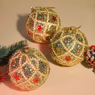 Шар новогодний 3шт 8см с паетками и бусинками, цвет серебро