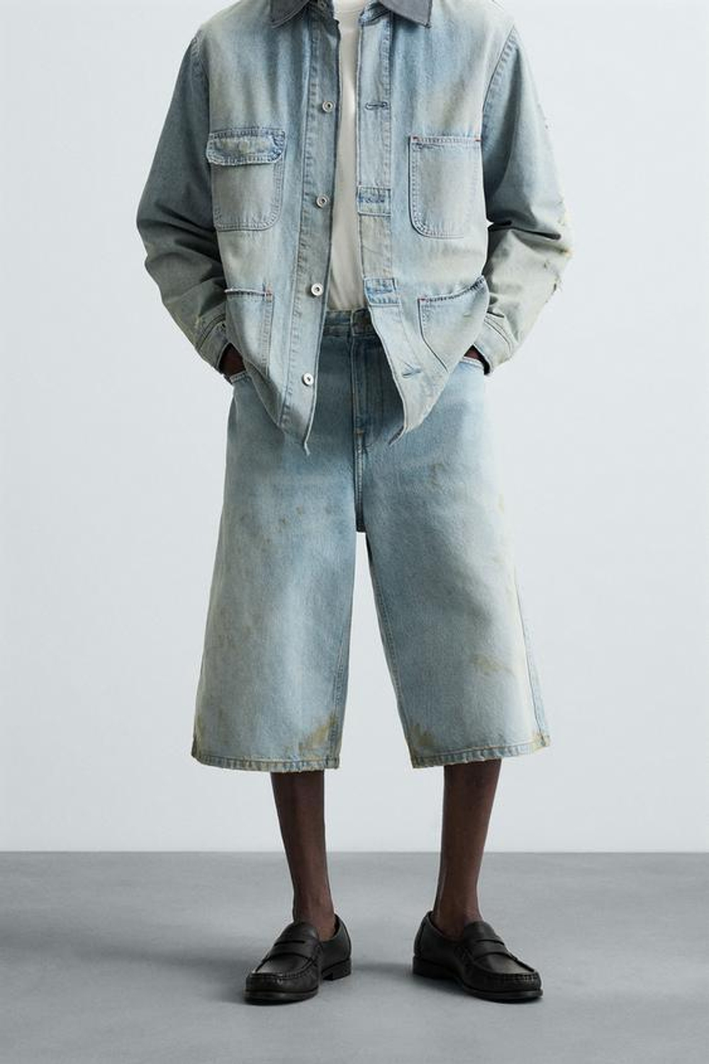 ZARA ДЖИНСОВЫЕ ШОРТЫ-БЕРМУДЫ BAGGY FIT В ВИНТАЖНОМ СТИЛЕ, ГОЛУБОЙ