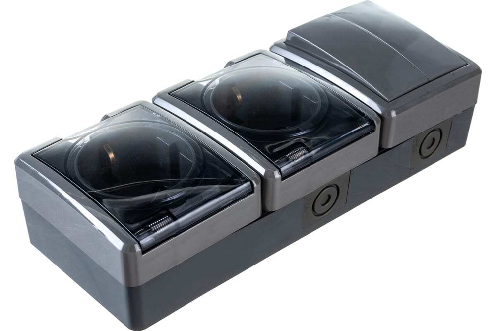 Блок две розетки+выключатель двойной IP54, 16A(10AX)-250В, серый Эксперт ЭРА