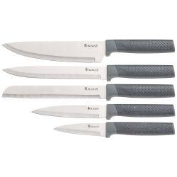 НАБОР AGNESS ИЗ 9ПР: 5 НОЖЕЙ, ПОЛОВНИК, ЛОПАТКА И ШУМОВКА, ВРАЩАЮЩАЯСЯ ПОДСТАВКА, ЦВЕТ: СЕРЫЙ