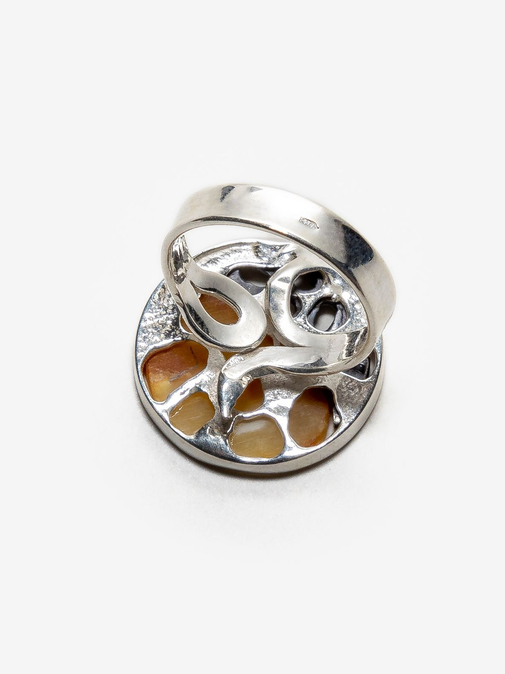 Уникальное серебряное кольцо с пейзажным янтарем, безразмерное