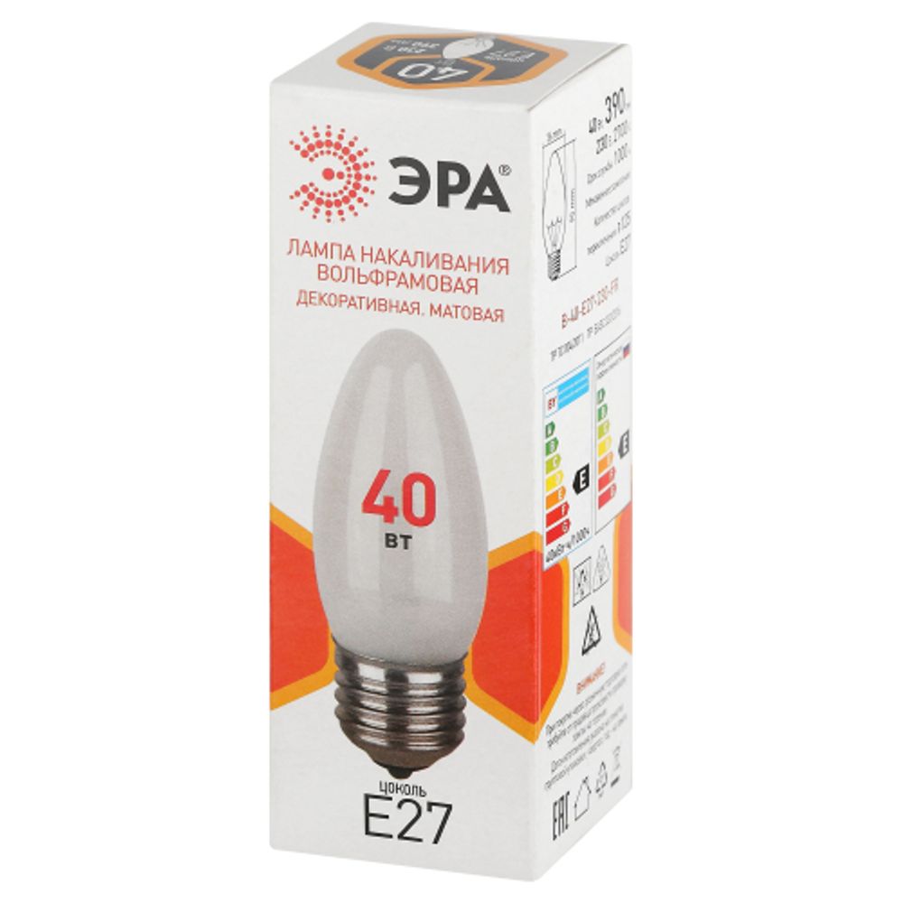 Лампочка ЭРА B36 40Вт Е27 / E27 230В накаливания свечка матовая