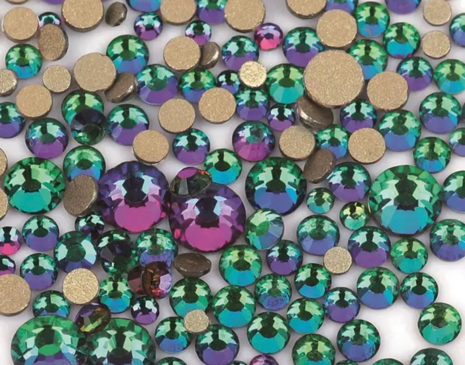 Стеклянные стразы  (размер микс) 1140шт, цвет хамелеон изумруд-розовый