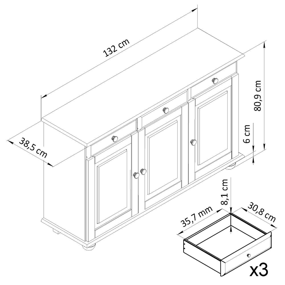 Тумба Лена трехдвернная из сосны, с ящиками (нижняя часть буфета Лена), бейц