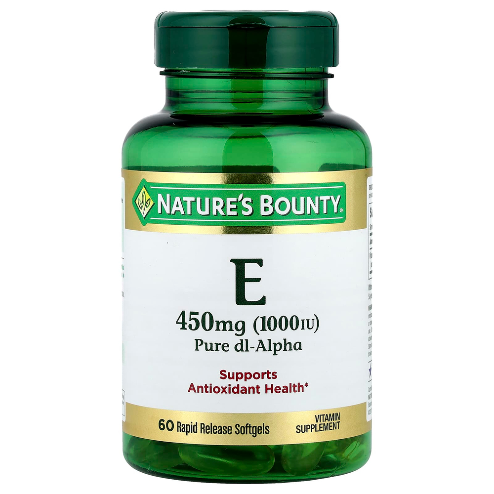 Nature's Bounty, витамин E, чистый Dl-альфа, 450 мг (1000 МЕ), 60 капсул с быстрым высвобождением