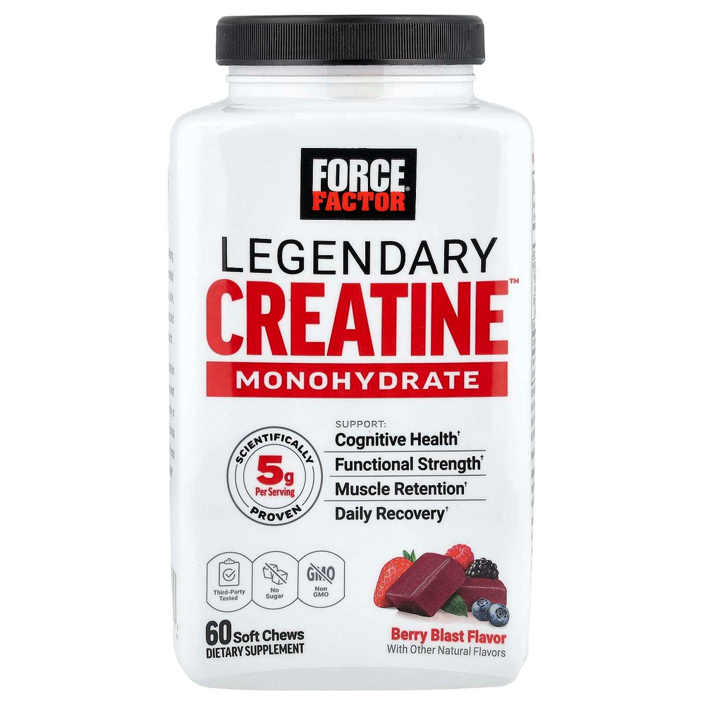 Force Factor, Legendary, моногидрат креатина, со вкусом ягод, 60 жевательных таблеток (2,5 мг в 1 жевательной таблетке)