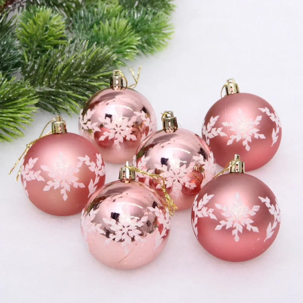 Новогодние шары «Снежный шарм» 6 см (набор 6 шт), Розовый