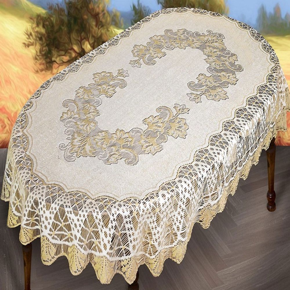 Скатерть жаккардовая овальная, цвет кремово-золотистый, Польша. Скатерть жаккардовая овальная, цвет кремово-золотистый, Польша.