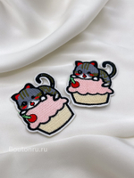 Нашивка пирожное с котёнком серо-розовая 6х4,5 см