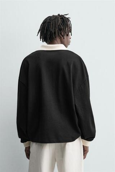 ZARA ПОЛО ИЗ ХЛОПКА И КОНОПЛИ, ЧЕРНЫЙ