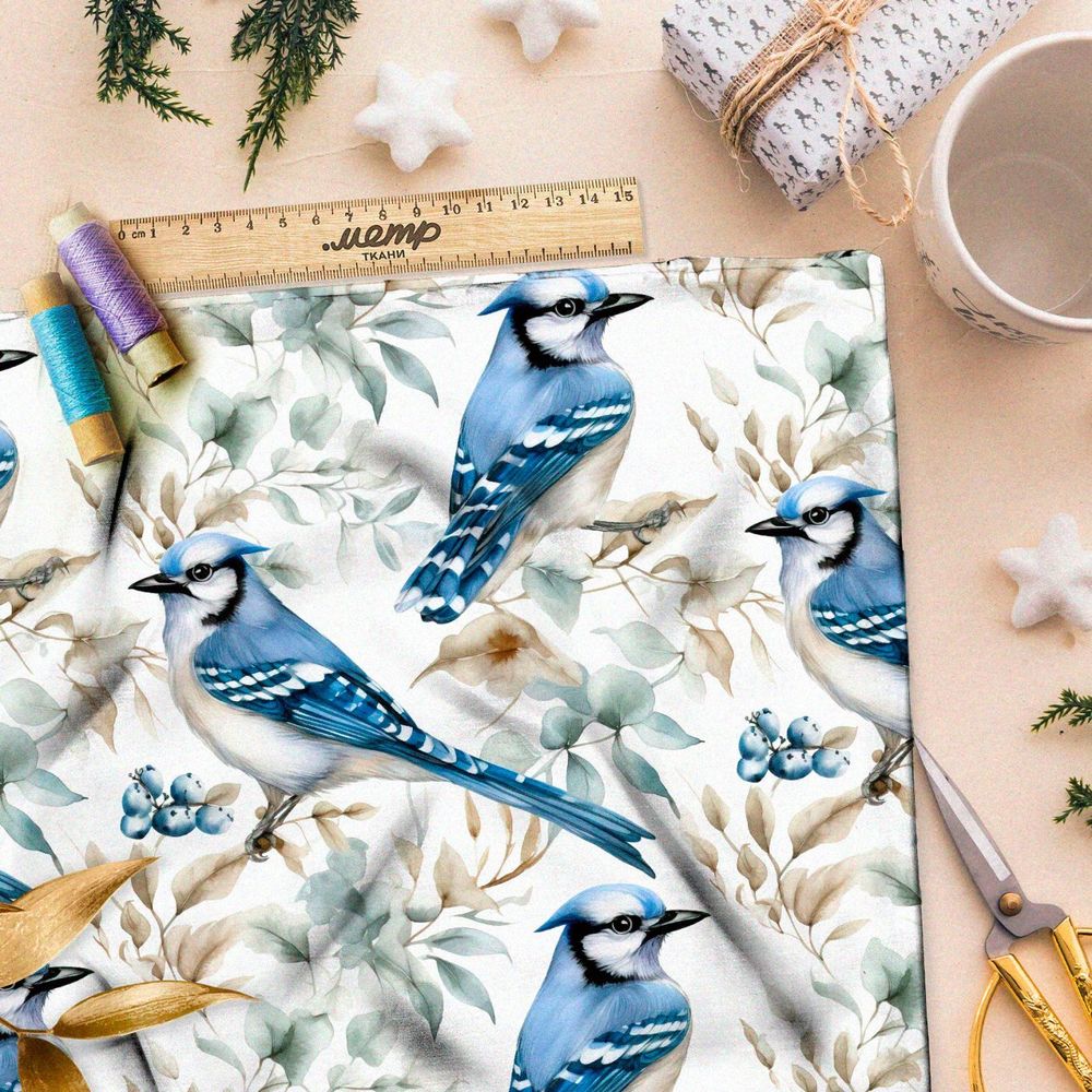 Ткань премиум дюспо синие птицы на ветках
