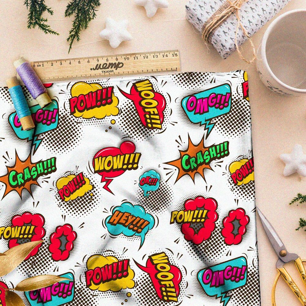 Ткань шифон громкие звуки из комиксов на белом фоне