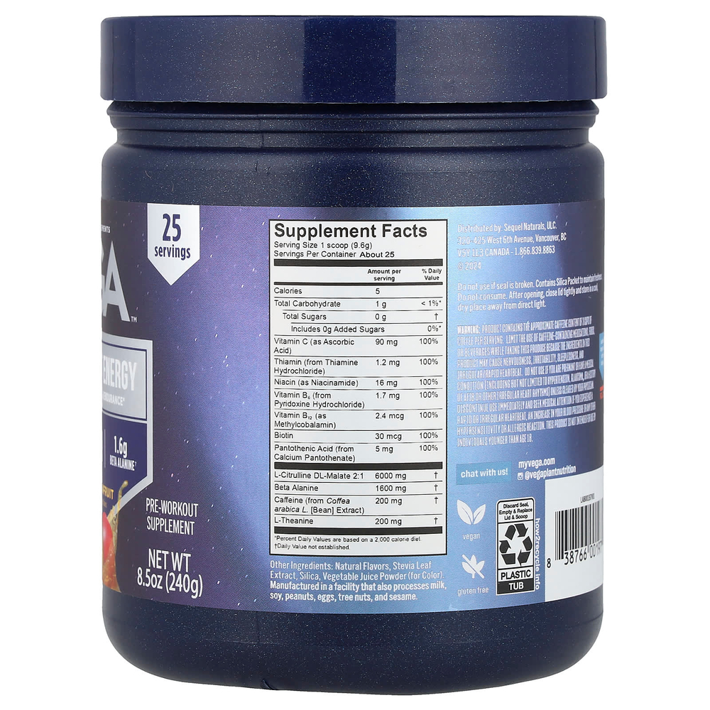 Vega, Pre-Workout Energy, манго и маракуйя, 240 г (8,5 унции)