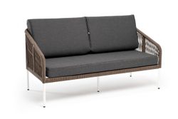 "Канны" диван 2-местный плетеный из роупа, каркас алюминий белый, роуп коричневый круглый, ткань серая