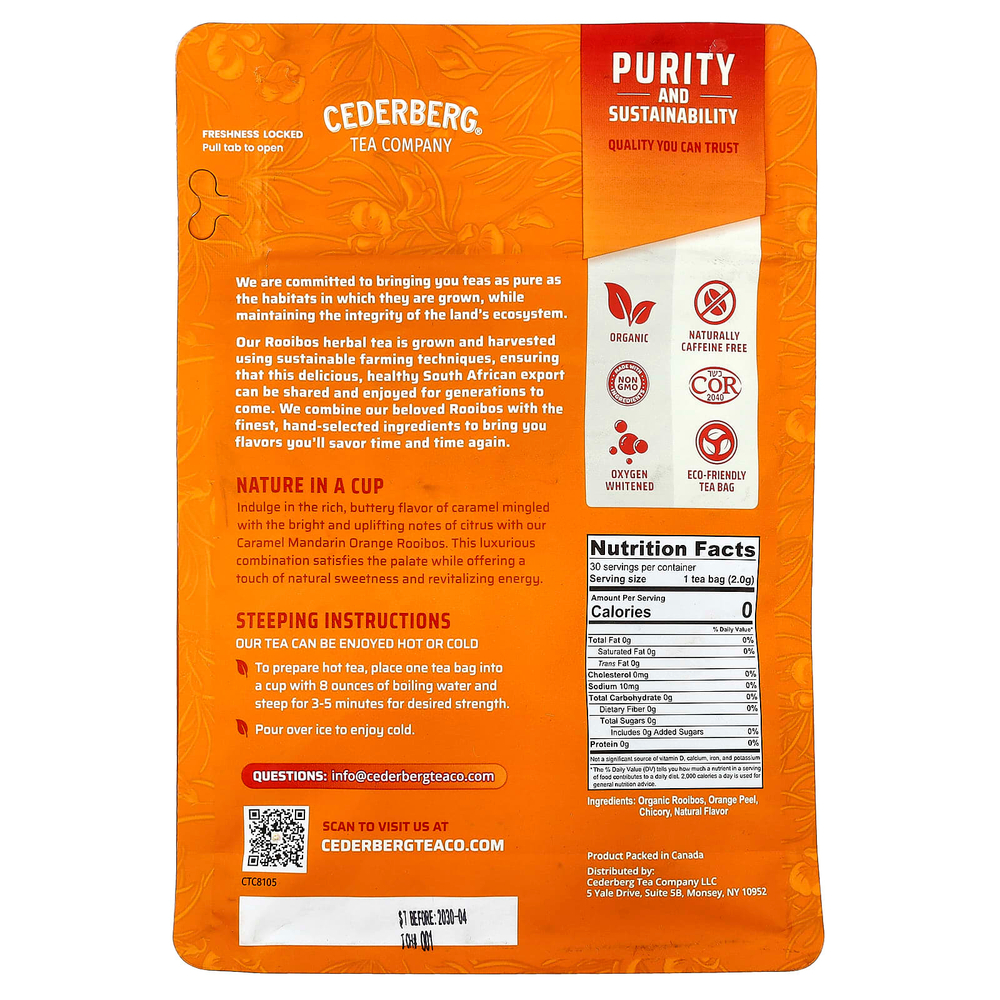 Cederberg Tea Co, карамель, мандарин и апельсин, ройбуш, без кофеина, 30 чайных пакетиков, 60 г (2,1 унции)