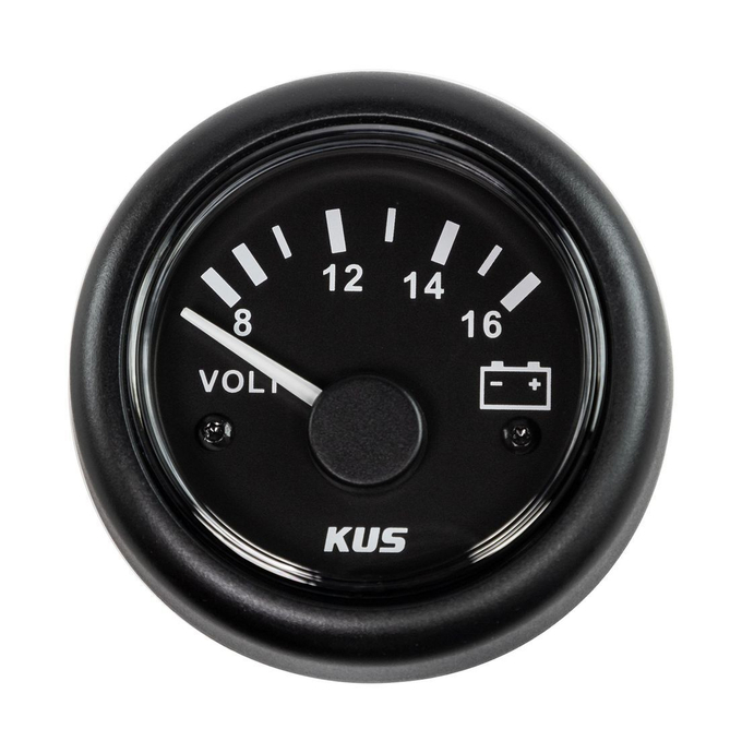 Вольтметр аналоговый 8-16 В, черный циферблат, черный ободок, д. 52 мм
