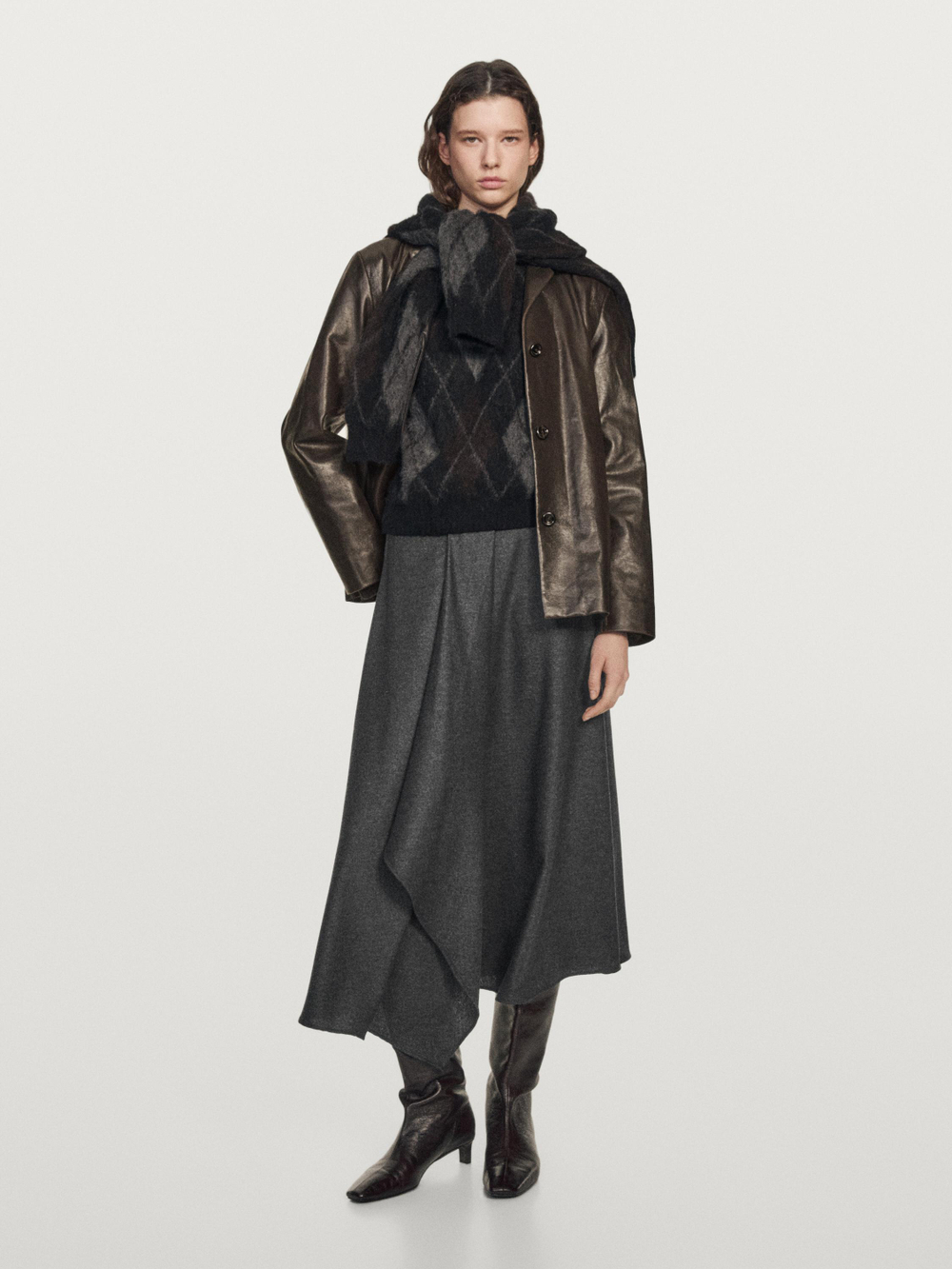 Massimo Dutti Расклешенная юбка миди из смесовой шерсти со складками, серый