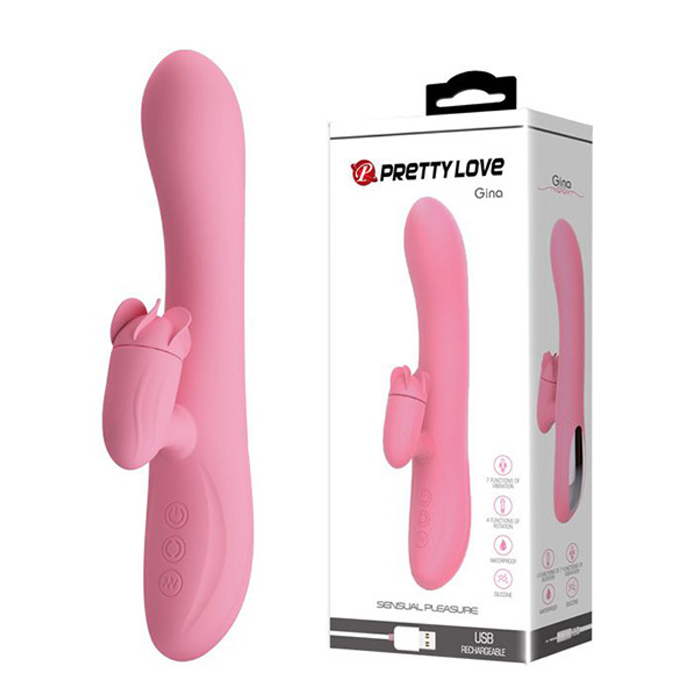 Розовый вибратор-кролик с клиторальной щеточкой 20,5см Pretty Love Gina BW-067003-1