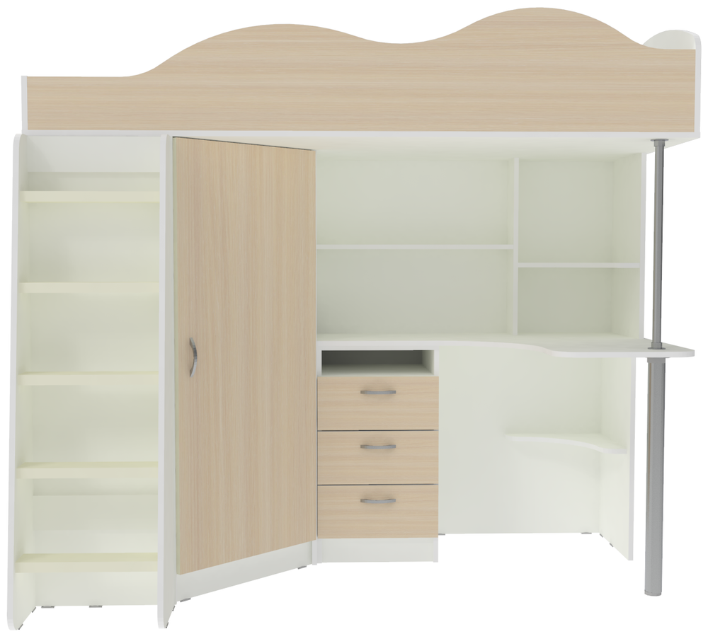 Кровать-чердак КарИВи Пионер с деревянной лестницей Белый   Дуб Молочный