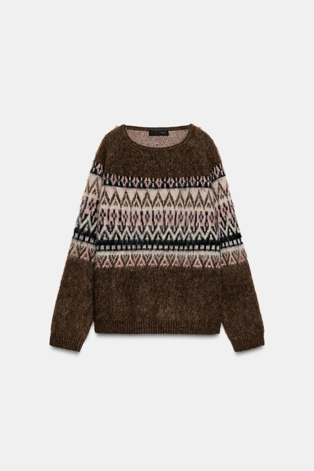 ZARA ЖАККАРДОВЫЙ СВИТЕР ИЗ ТРИКОТАЖА С ЭФФЕКТОМ ВОРСА, ТЕМНЫЙ СЕРО-КОРИЧНЕВЫЙ
