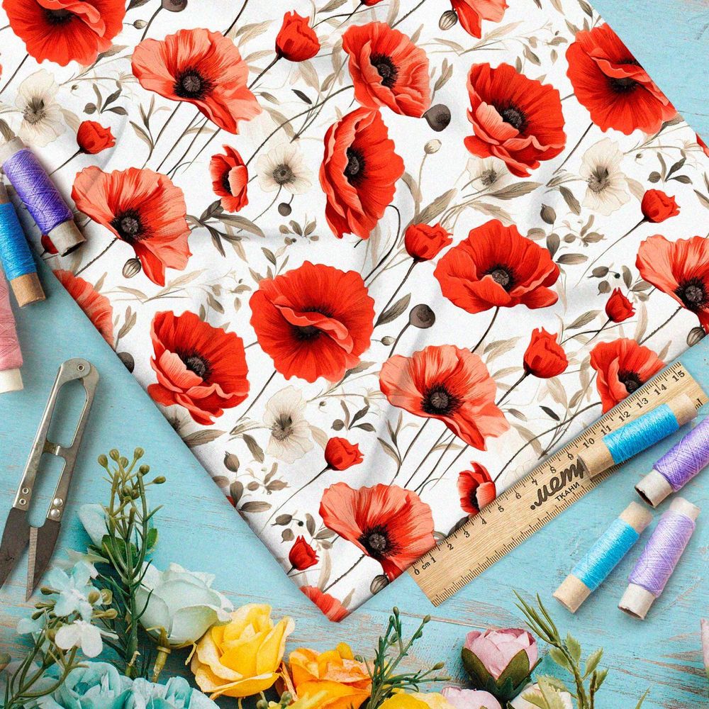 Ткань премиум мембрана поле красных маков