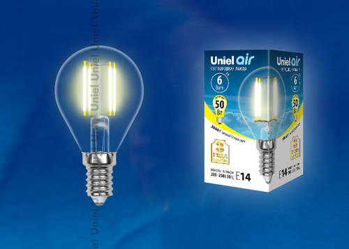LED-G45-6W/WW/E14/CL GLA01TR Лампа светодиодная. Форма шар, прозрачная. Серия Air. Теплый белый свет (3000K). Картон. ТМ Uniel
