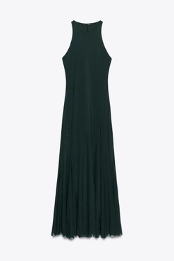 ZARA ДЛИННОЕ ПЛАТЬЕ ИЗ ТЮЛЯ С ЮБКОЙ ГОДЕ, ТЕМНО-ЗЕЛЕНЫЙ