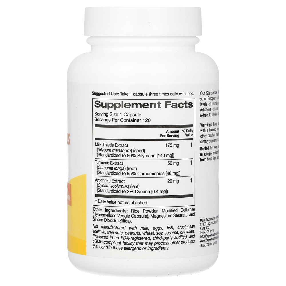 Super Nutrition, Milk Thistle Plus, расторопша с экстрактами куркумы и артишока, 175 мг, 120 растительных капсул