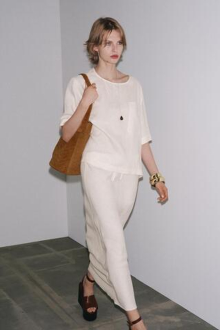 ZARA ТОП ИЗ ЛЬНА С КОРОТКИМИ РУКАВАМИ ZW COLLECTION, ЭКРЮ